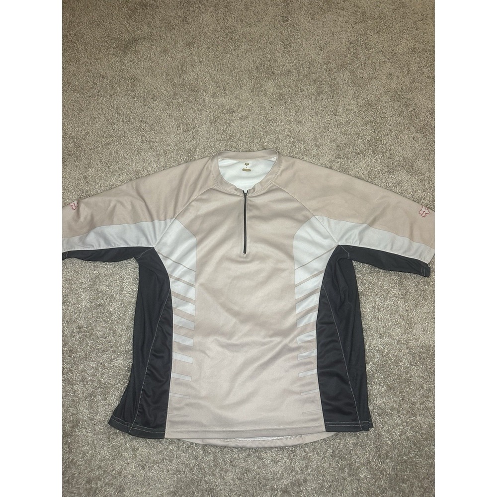 Vintage Fox Racing Cycling Jersey Mens L Tan Grey White 1/4 Zip Rear Pocket